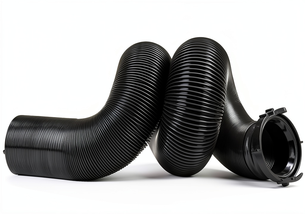 Camco RV sewer hose laid out beside an RV dump station