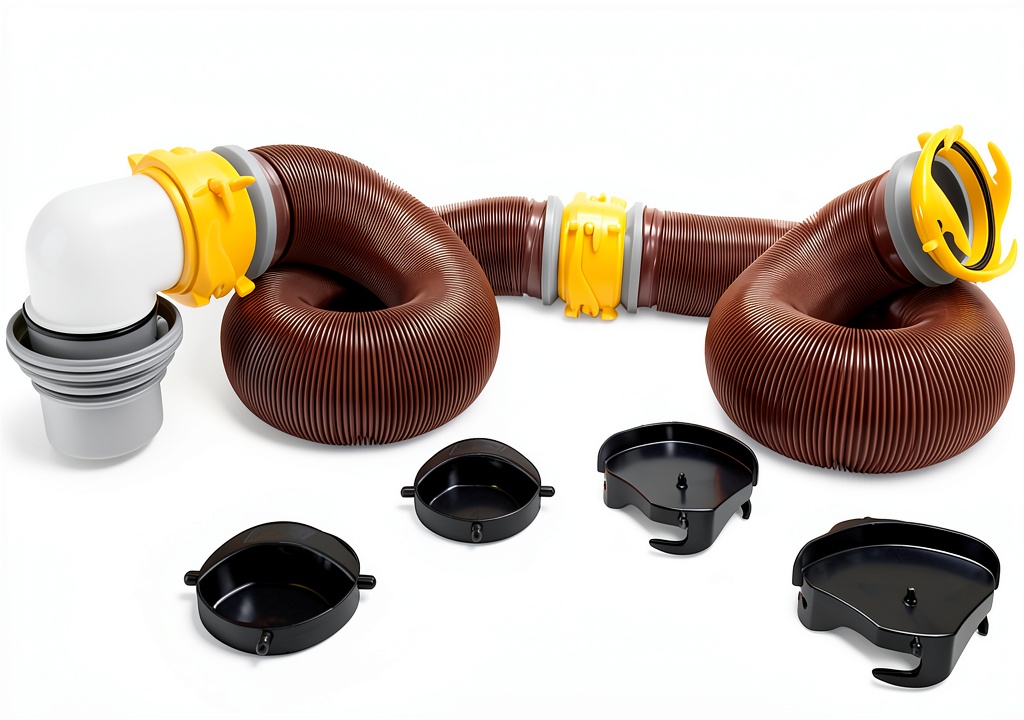 Camco RV sewer hose kit components laid out on a campsite