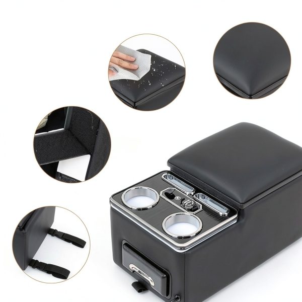 AceRide Car Center Console Organizer Black PU Leather Storage Box-6